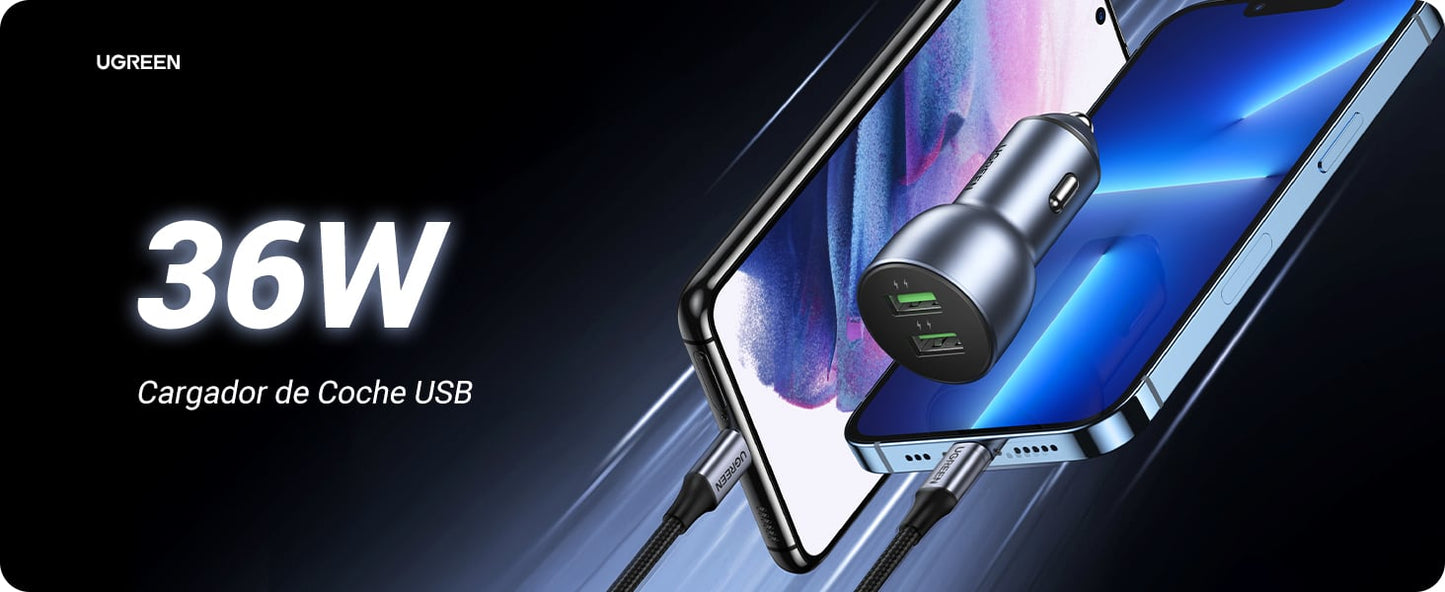 Cargador de Auto 36W | 2 Puertos USB-A | Carga Rápida | Compatible con Vehículos de 12 y 24 VCD | PD3.0 + QC3.0