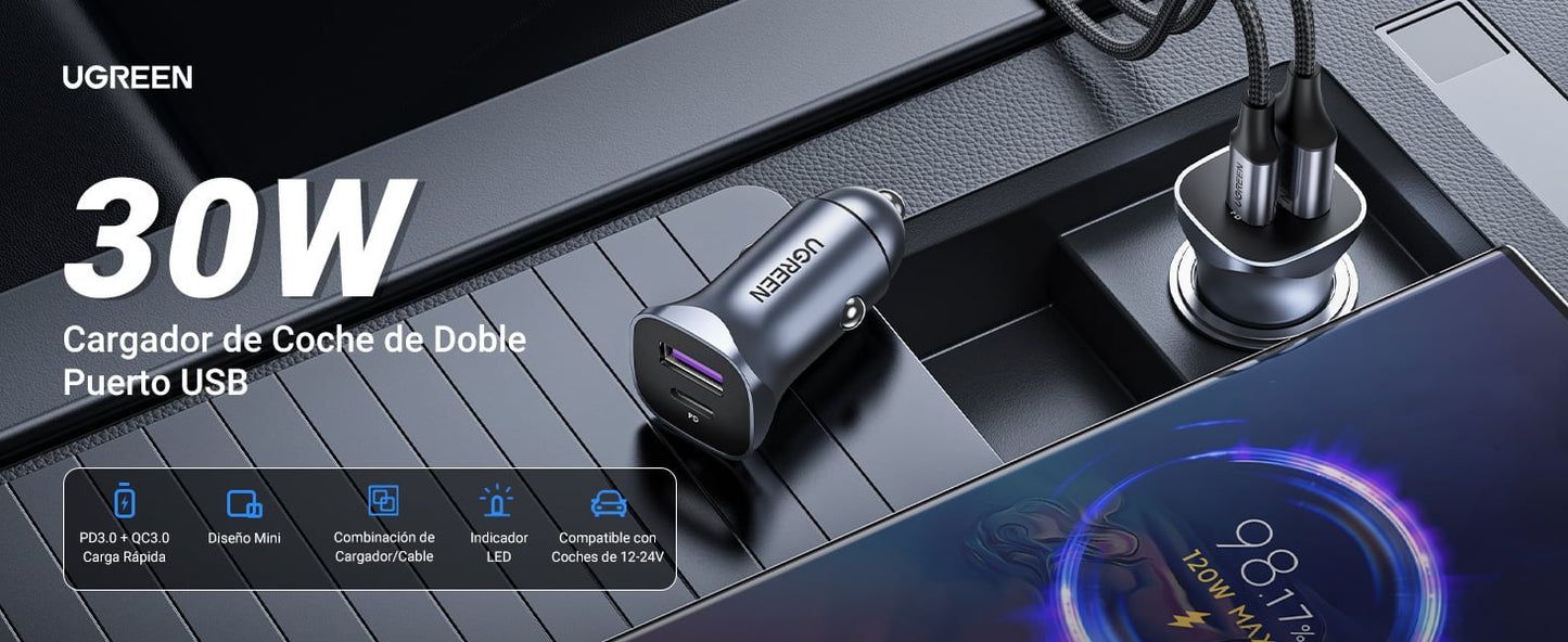 Cargador de Auto 30W | 2 Puertos USB-A y USB-C | Carga Rápida | Compatible con Vehículos de 12 y 24 VCD