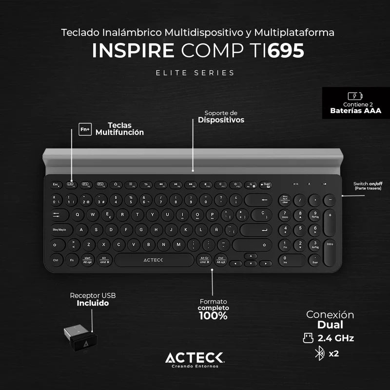 Teclado Inalámbrico Conexión Dual 2.4hz/Bluetooth Inspire Comp TI695, ACTECK , color negro
